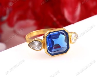 Cornflower Blue Sapphire Ring Ceylon Sapphire Ring Asscher Gemstone Ring Solitaire Ring September Birthstone Wedding Ring  Sterling Silver