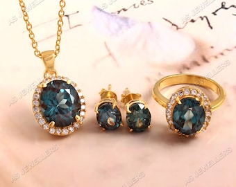 Natural Indicolite Tourmaline Jewelry Set Oval Gemstone Jewelry Set, Blue Green Tourmaline Ring, Pendant & Earrings Set Sterling Silver Set