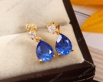 Flawless Cornflower Blue Sapphire Stud Earrings Ceylon Blue Sapphire Earrings Pear Gemstone Earrings Dainty Stud Gift For Her Wedding Gifts