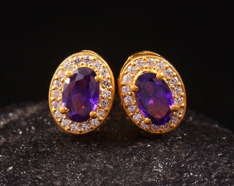 Natural Amethyst Stud Earrings Amethyst Earrings Dangle Earrings Oval Gemstone Earrings Dainty Stud Gift For Her Anniversary & Wedding Gifts