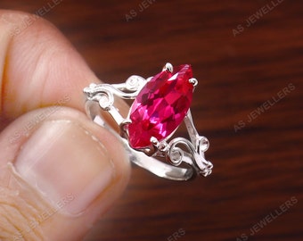 Genuine Red Ruby Ring Marquise Ring Ruby Gemstone Ring July Birthstone Statement Ring 925 Sterling Silver Anniversary Ring Ruby Wedding Ring