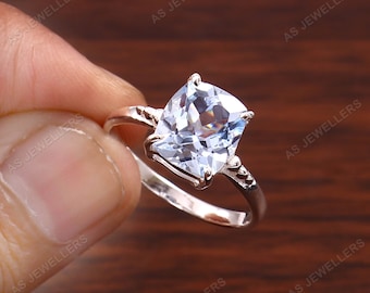 Genuine Aquamarine Ring Cushion Gemstone Ring Statement Ring March Birthstone Cocktail Ring 925 Sterling Silver Birthday Ring Wedding Ring