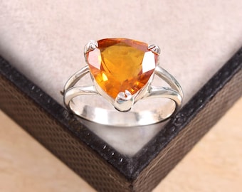 Genuine Ceylon Golden Yellow Sapphire Ring Beautiful Trillion Cut Ring Gift For Her Statement Ring 92.5 Sterling Silver Ring Wedding Ring