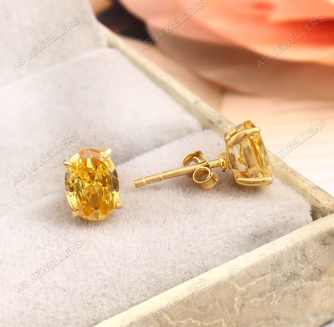 Genuine Yellow Sapphire Stud Earrings Ceylon Yellow Sapphire Earrings