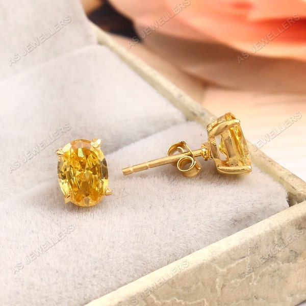 Pendientes de zafiro amarillo genuino Pendientes de zafiro amarillo de Ceilán Pendientes de piedras preciosas ovaladas Regalo de semental delicado para su joyería de boda