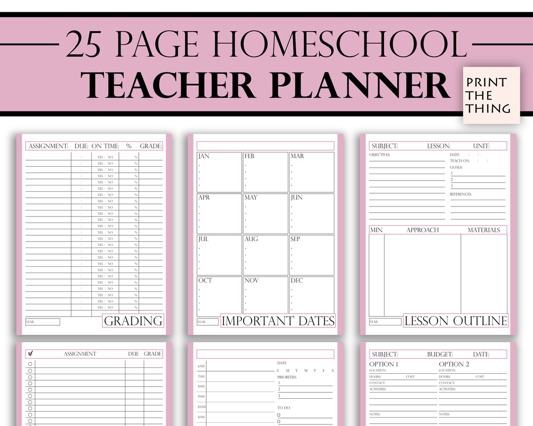 Homeschool Teacher Planner in Pink, Print From Home, Teacher Essentials