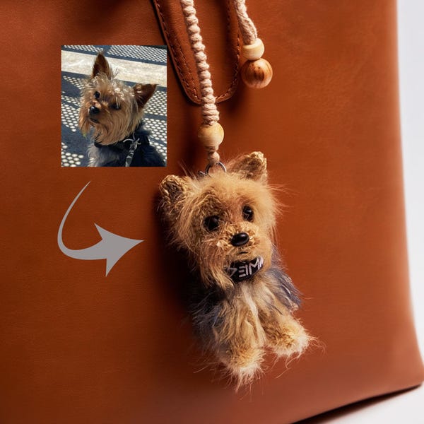 Handmade dog charm from your pet photo. Personalized toy crochet bag or backpack accessory — perfect custom gift for dog lovers.
