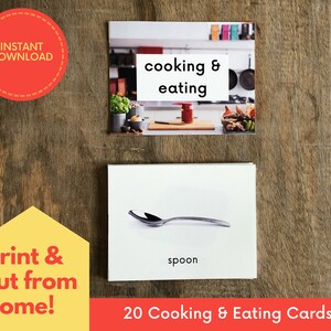 May include: Twenty printable cards for a cooking and eating themed activity. The cards feature a photo of a kitchen scene and the word "cooking & eating" on one card and a photo of a spoon with the word "spoon" on another card.