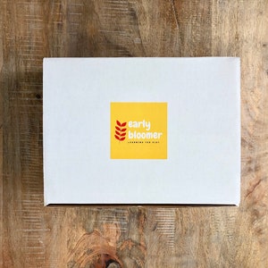 Op de afbeelding: Witte kartonnen doos met een gele vierkante sticker waarop "early bloomer learning for kids" staat met een rood gestileerd bladerenontwerp.