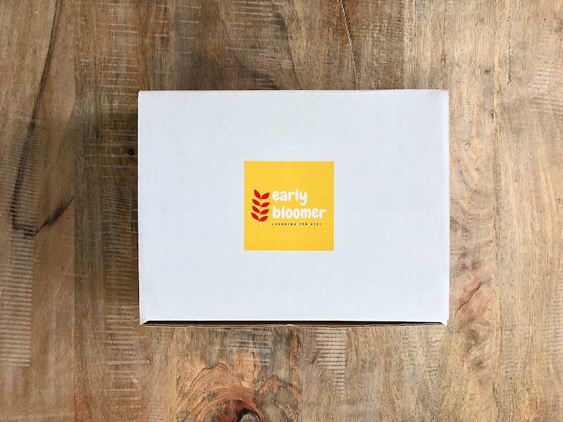 Op de afbeelding: Witte kartonnen doos met een gele vierkante sticker waarop "early bloomer learning for kids" staat met een rood gestileerd bladerenontwerp.