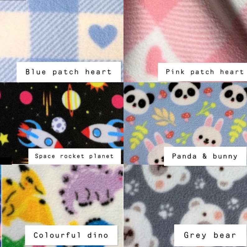 May include: A collage of six fleece fabric patterns: blue and white checkered hearts, pink checkered hearts, a black space print with rockets and planets, a blue background with pandas and bunnies, a white print with colorful dinosaurs, and a grey bear print.