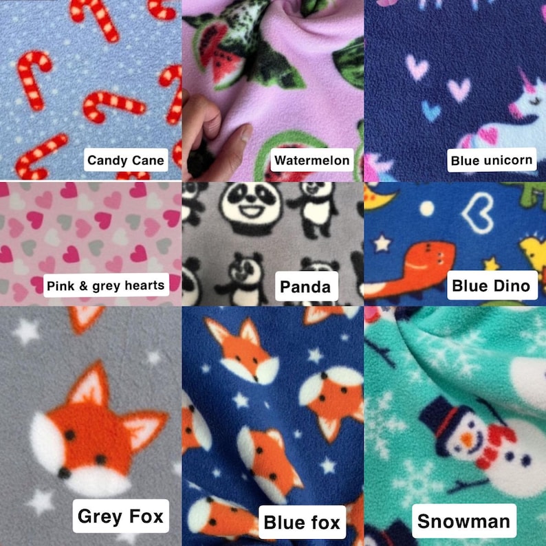May include: A collection of nine fleece fabric swatches featuring various prints including red candy canes on light blue, watermelon slices on pink, unicorns on dark blue, hearts, pandas, dinosaurs, foxes, and a snowman on teal.