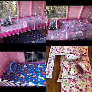 May include: A collection of soft fleece pet cage accessories including liners, tunnels, and pillows featuring various patterns such as unicorns, stars, and dinosaurs in vibrant colors like pink, blue, and purple for small animal enclosures.