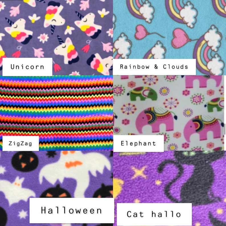 May include: A collage of six fabric patterns featuring a purple unicorn print, a blue rainbow and clouds print, a multicolored zigzag stripe, a white elephant print, a purple Halloween print with ghosts and pumpkins, and a purple cat print.