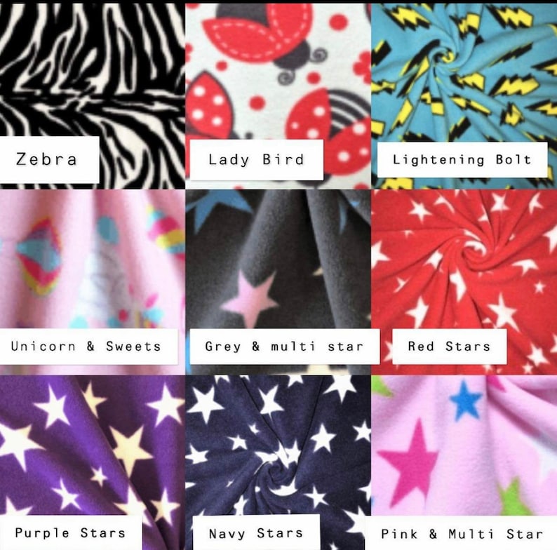 May include: A collection of nine fabric swatches featuring various patterns including black and white zebra stripes, red ladybugs, yellow lightning bolts on blue, unicorns, and stars in red, purple, navy, and multi-colored designs.