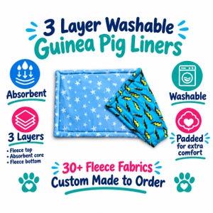 May include: A rectangular 3-layer washable guinea pig liner featuring a light blue fleece top with white stars and a folded corner revealing a bright blue underside with yellow lightning bolts. Text includes 3 Layer Washable Guinea Pig Liners.