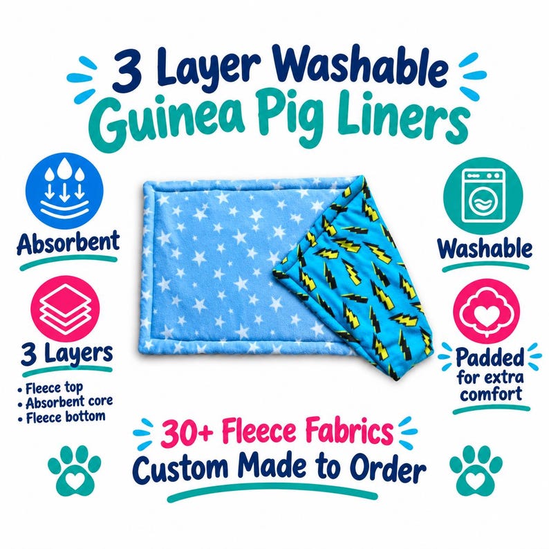 May include: A rectangular 3-layer washable guinea pig liner featuring a light blue fleece top with white stars and a folded corner revealing a bright blue underside with yellow lightning bolts. Text includes 3 Layer Washable Guinea Pig Liners.