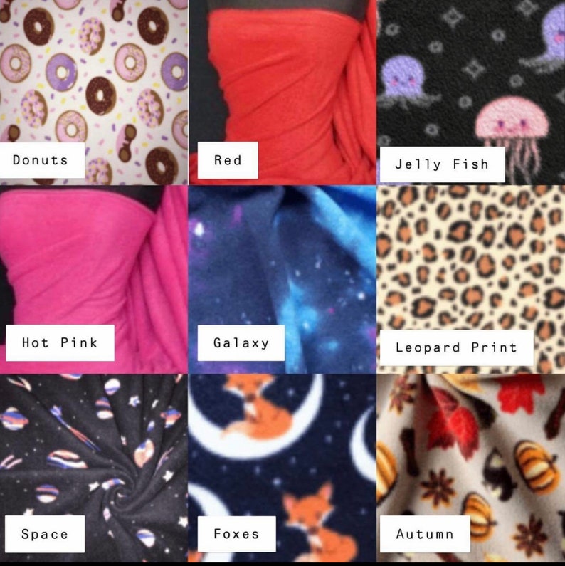 May include: A grid of nine fabric swatches featuring various patterns and colors: donuts, solid red, jellyfish, hot pink, galaxy, leopard print, space, foxes on moons, and autumn leaves with pumpkins. Each swatch is labeled with its design name.