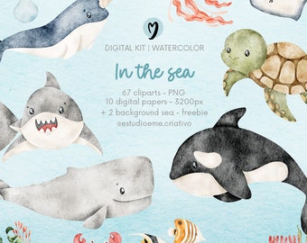 Sea animals clipart, undersea watercolor clipart, underwater, baby animals, party supplies, nursery, baby-shower, instant download.