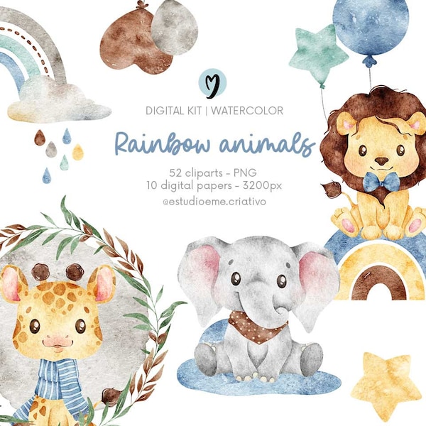 Cute rainbow animais watercolor clipart boy, rainbow clip art, baby animals, party supplies, ursery, baby-shower, instant download.