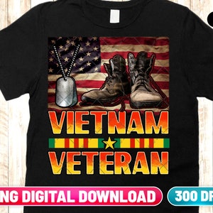 May include: Black t-shirt featuring a design with an American flag, combat boots, and dog tags. The words "VIETNAM VETERAN" are displayed in bold, with a green and yellow ribbon and a star. The shirt is a PNG digital download.