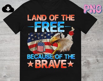 May include: Black t-shirt with a red, white, and blue American flag design. The flag is in the shape of the United States. A bald eagle is perched on top of the flag. The text "Land of the Free - Because of the Brave" is printed on the shirt.