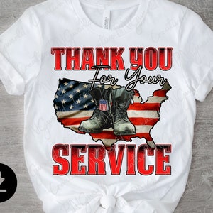 May include: White t-shirt with a red, white, and blue American flag design. The flag is in the shape of the United States.  The text "Thank You For Your Service" is printed in red letters on the shirt.