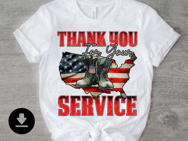 May include: White t-shirt with a red, white, and blue American flag design. The flag is in the shape of the United States.  The text "Thank You For Your Service" is printed in red letters on the shirt.