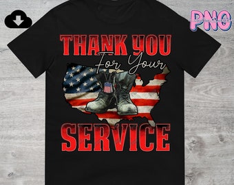 May include: Black t-shirt with a red, white, and blue American flag design. The flag is in the shape of the United States. Two military boots are on top of the flag. The text "Thank You For Your Service" is written in red letters.