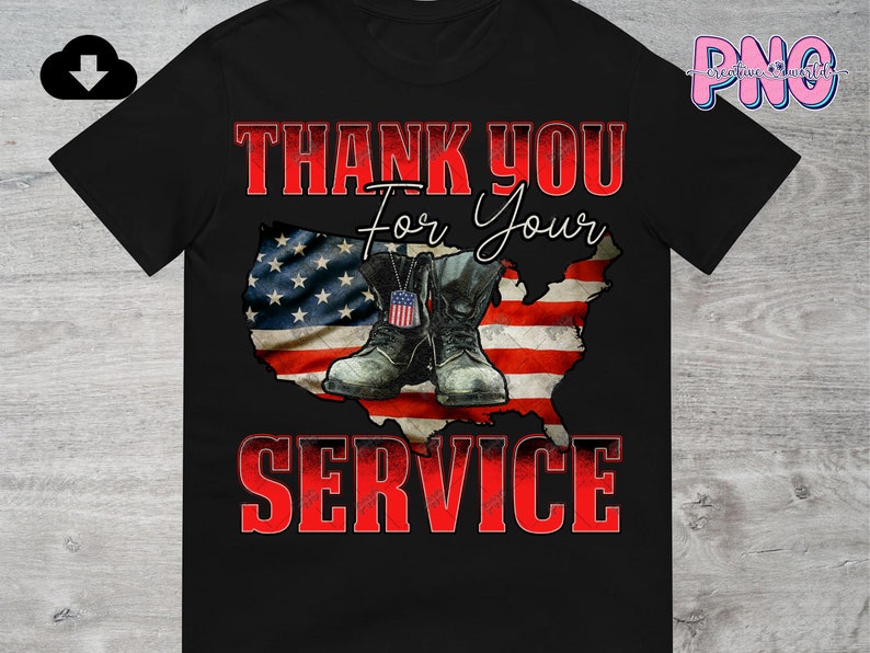 May include: Black t-shirt with a red, white, and blue American flag design. The flag is in the shape of the United States. Two military boots are on top of the flag. The text "Thank You For Your Service" is written in red letters.