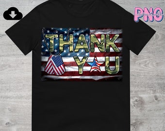 May include: A black t-shirt with a camouflage print of the words "THANK YOU" on a red, white, and blue American flag background. Two dog tags with the American flag are hanging from the top of the "T".