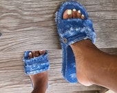 Distressed denim slides