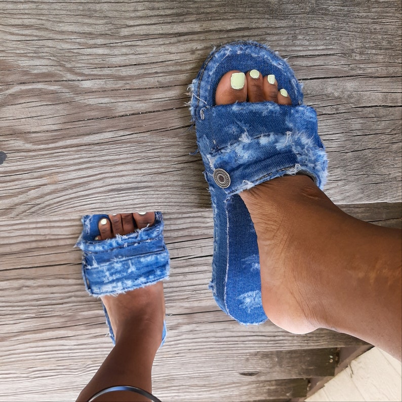 Distressed denim slides image 1