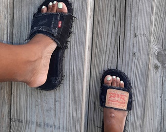 Branded distressed denim slides