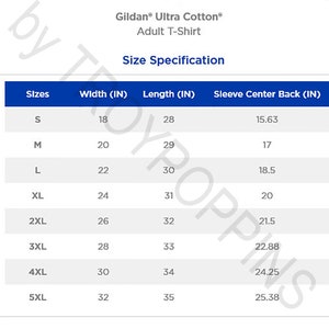 May include: A size chart for Gildan Ultra Cotton adult T-shirts. The chart shows the width, length, and sleeve center back measurements in inches for sizes S through 5XL.