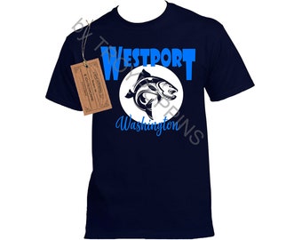 1-Jumping Salmon Westport, Washington Fishing Gear Beach Mens Unisex Silkscreen t-shirt Vacation Trip Wear Gildan Ultra Cotton Apparel