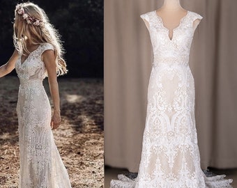 Personalised Boho Long White Lace Wedding dress, Elegant glitter Tulle Vintage V-Neck Floor Length Bridal Custom made Gown
