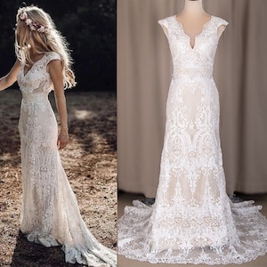 Personalised Boho Long White Lace Wedding dress, Elegant glitter Tulle Vintage V-Neck Floor Length Bridal Custom made Gown