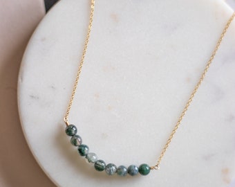 14k Gold Filled Moss Agate Bar Necklace, Green Gemstone Jewelry, Gift for Her