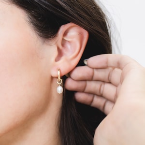 14k Gold Filled Pearl Hoop Earrings, Gold Mini Hoops with Pearls, Small Hoop Earrings with Dangles, Bridesmaid Earrings, Gift