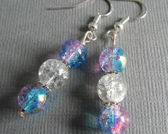 Pink and blue multi-color crackled glass bead earrings