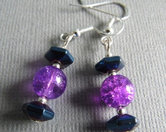 Purple and blue glass bead earrings