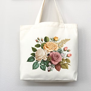 Floral Rose Canvas Tote Bag: Eco-Friendly Reusable Bag