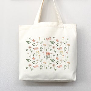 Sac fourre-tout floral fourre-tout en toile de fleurs sauvages sac écologique sac fourre-tout esthétique sac réutilisable cadeau pour amateur de plantes fourre-tout sac de fleurs mignon