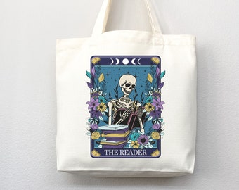 Book Lover Tote Bag: Skeleton Reader Tarot Card Design