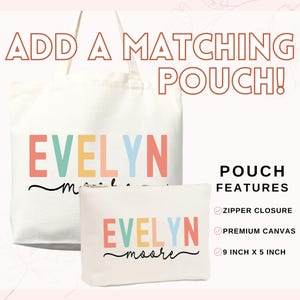 May include: A white tote bag and matching pouch with the name "EVELYN" in colorful letters. The pouch features a zipper closure and is made of premium canvas. The pouch measures 9 inches by 5 inches.