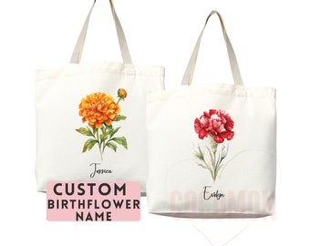 Personalized Birth Month Flower Custom Name Tote Bag Gift Custom Floral Bag Tote Shopper Aesthetic Bag Flower Gift for Her Bridal Bridesmaid