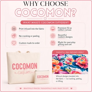 May include: A promotional image for COCOMON featuring a tote bag and a small pouch. The text highlights features like print infused into the fabric, custom designs, and everyday gifting. The image also shows a floral print.