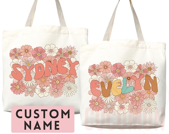 Personalized Floral Name Tote Bag: Flower Shopper with Custom Name