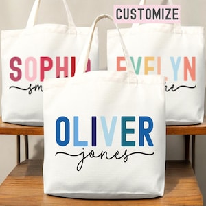 Personalized canvas tote bag with custom name printed in large letters, three white totes shown with example names and customize banner